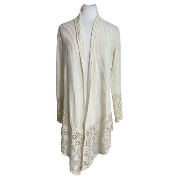 Knox Rose Open Front Cardigan Sweater Womens Size Medium Floral White Lace Trim - Picture 1 of 10